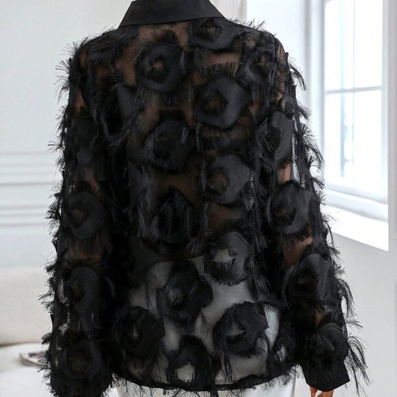 Black Party Women's Fuzzy Trim Button Front Shirt - Picture 2 of 7